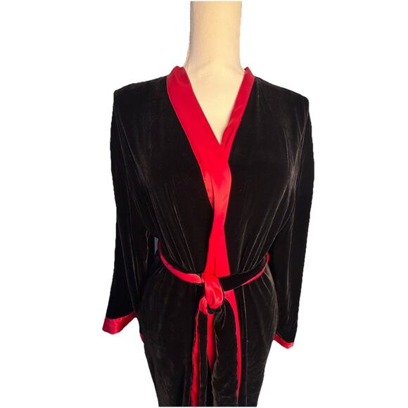 Victoria's Secret Red Silk Satin Black Velvet Long Robe Velour Sash Shawl Y2K S - Picture 2 of 9